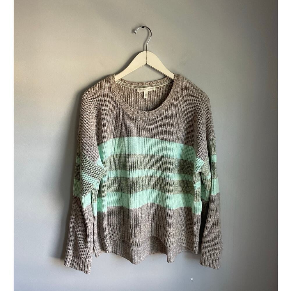 Victoria's Secret Gray Stripe Sweater Aqua Ribbed Crewneck Cotton Classic Small